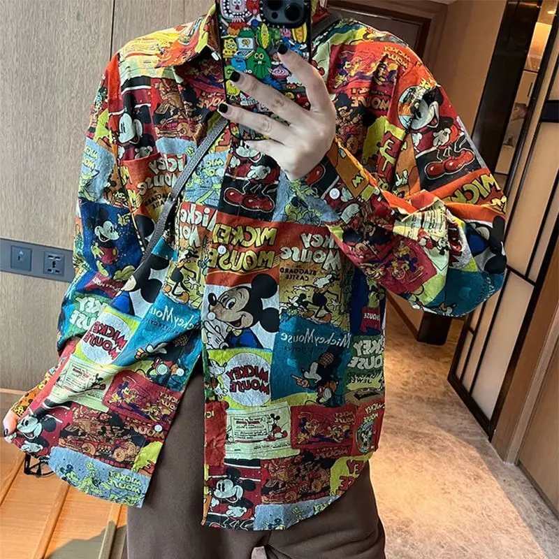 

Disney Mickey Mouse Loose Casual Pure Cotton Shirt Women Korean Style Cartoon Print Pattern Blouse Trend Versatile Harajuku Top