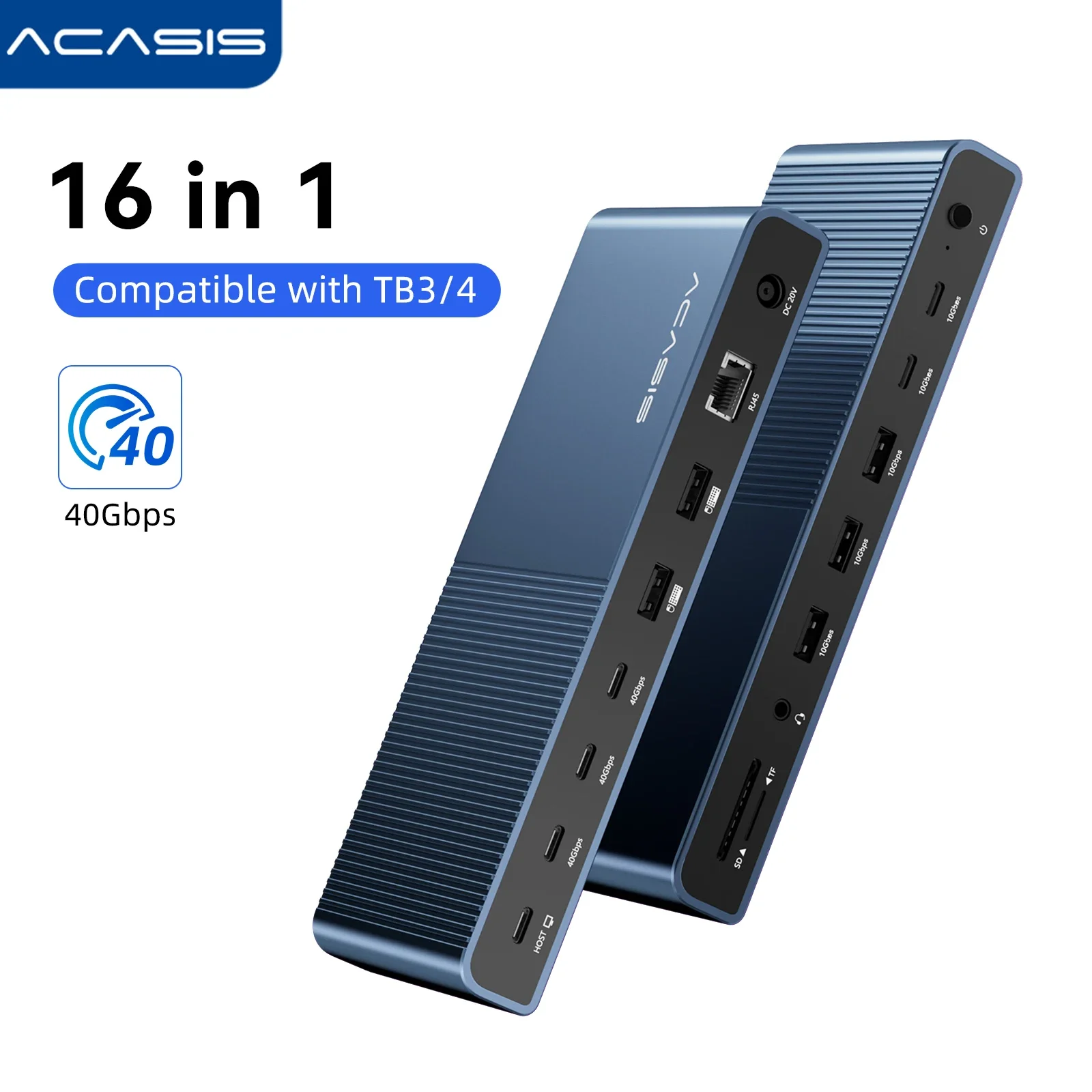 Acasis 40Gbps 16 in 1 USB-C Docking Station Compatible with TB3/4 2 Displays Extended TF/SD 3.0 RJ45 90W Output for Macbook Pro
