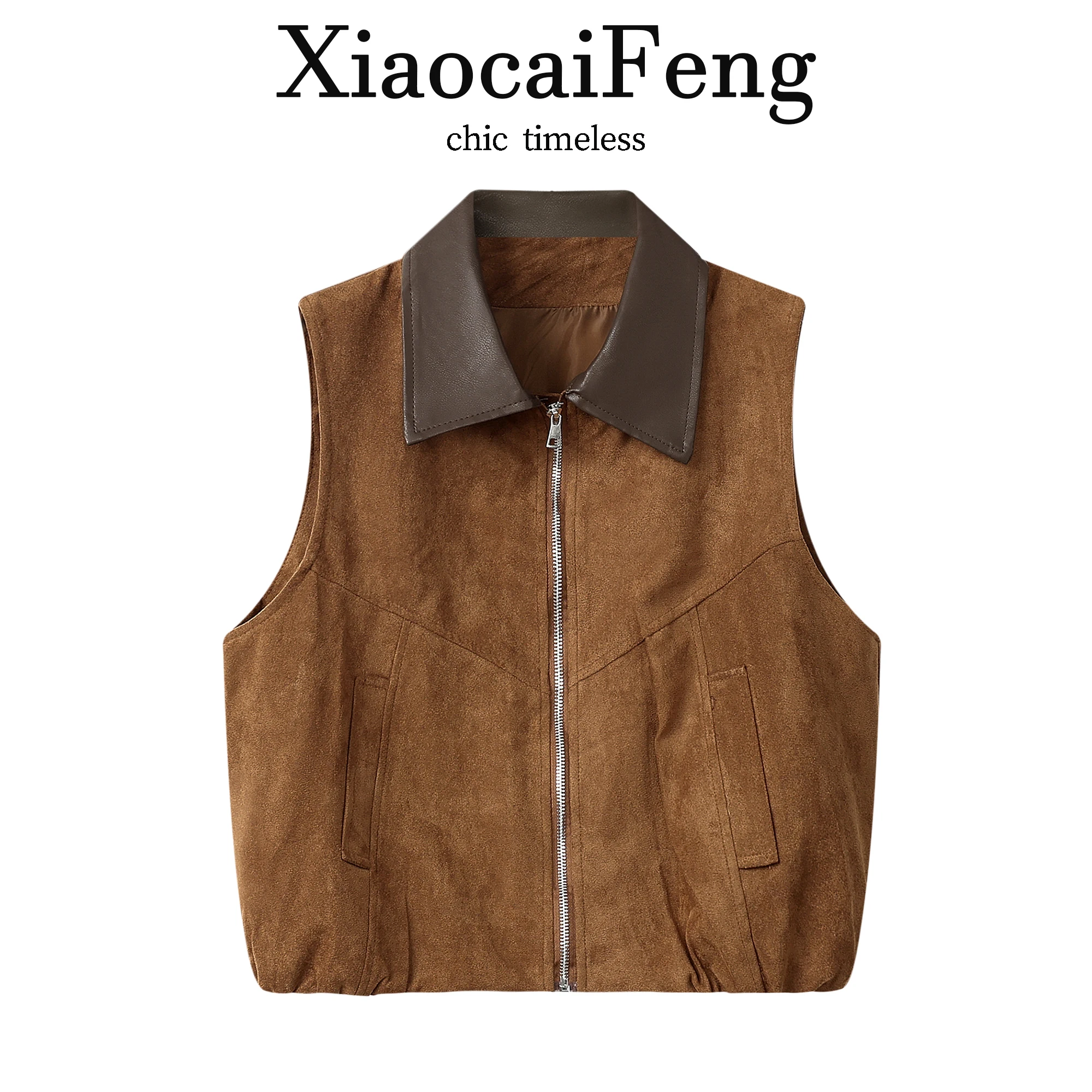 Retro Suede Vest Women's Outerwear Collared Top Color Block Spring Autumn Versatile Layering Outfit Dreaming in the Wind
