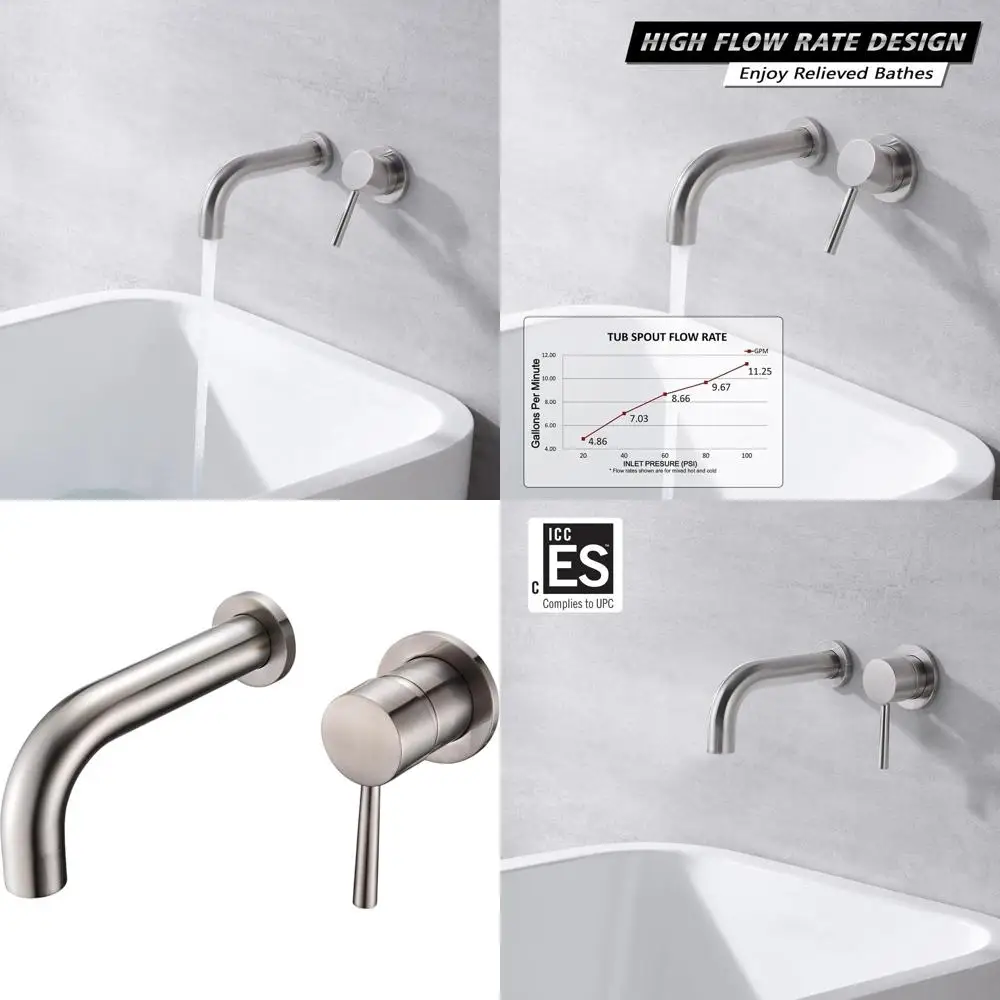 

Wall-Mounted Single Handle Tub Faucet in Brushed Nickel with Rough-In