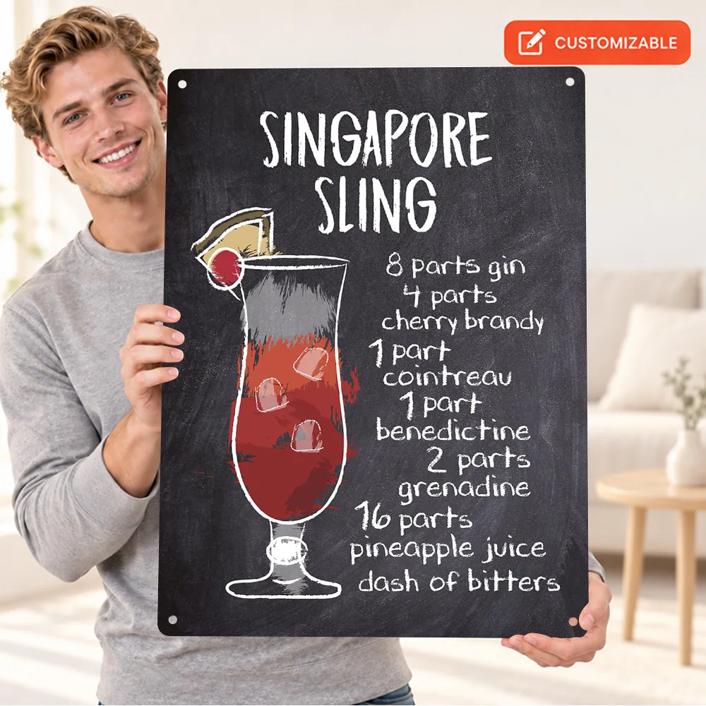 Singapore Sling Chalkboard Recipe Textured Metal Poster Customized Aluminum Sign Retro Graphic Wall Art For Bar Counter Area