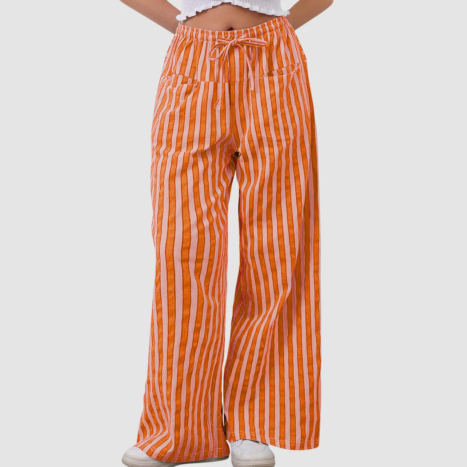 Women Stripe Print Drawstring Pants Wide Leg Casual Trousers Low Rise Loose Pants With Pocket Women Clothing Pantalones De Mujer