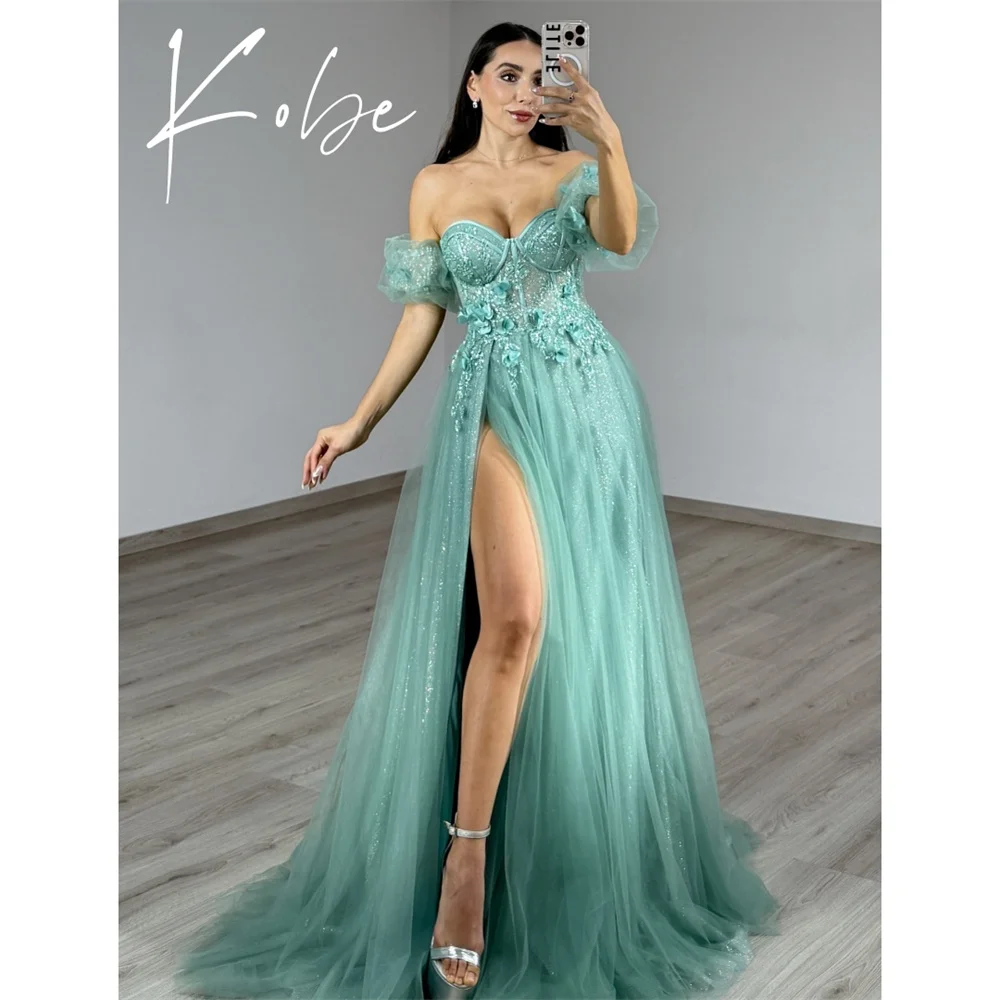 

Kobe Green Side High Split Prom Dresses Strapless Sleeveless Customized فساتين سهرات Appliques Chic vestido de gala noche mujer