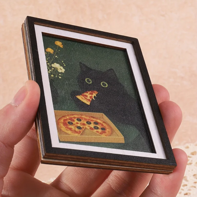 Mini 3-Layer Photo Frame Fridge Magnet, Black Cat & Pizza Pattern, Fun Home Decor, Unique Exquisite Holiday Gift