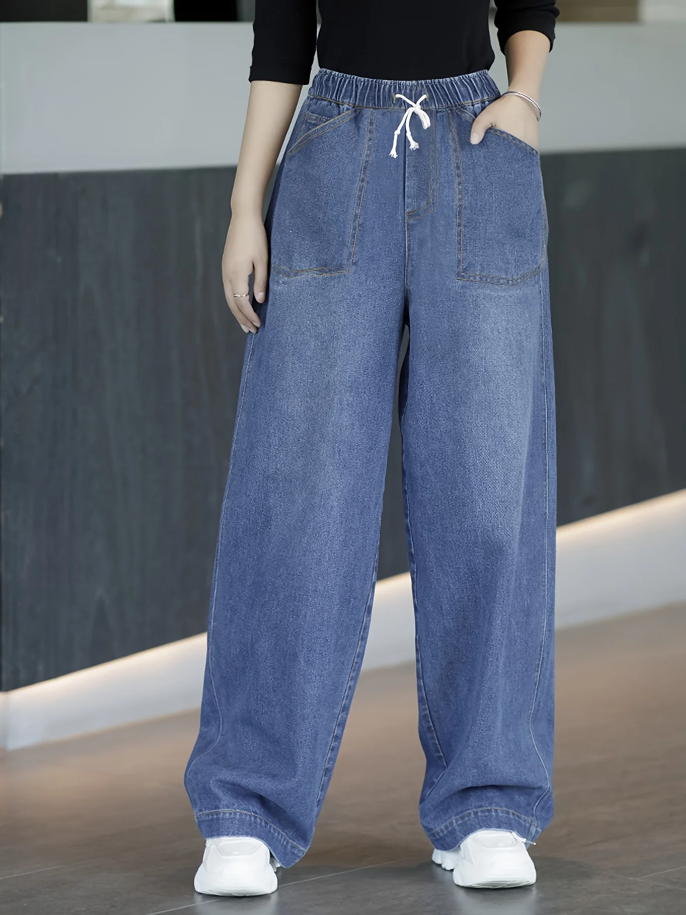 

Новые женские синие джинсы с эластичной резинкой на талии, повседневные джинсовые брюки для улицы, подходят для офиса, отпуска и различных случаев