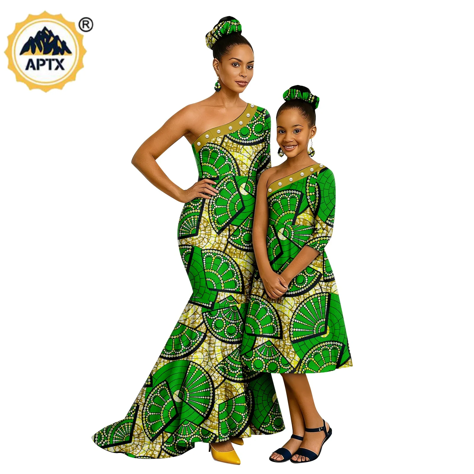 African Print Mermaid Dresses for Women Family Outfits Dashiki Couple Clothes Mother Daughter Beading Dresses Outwear 26F003