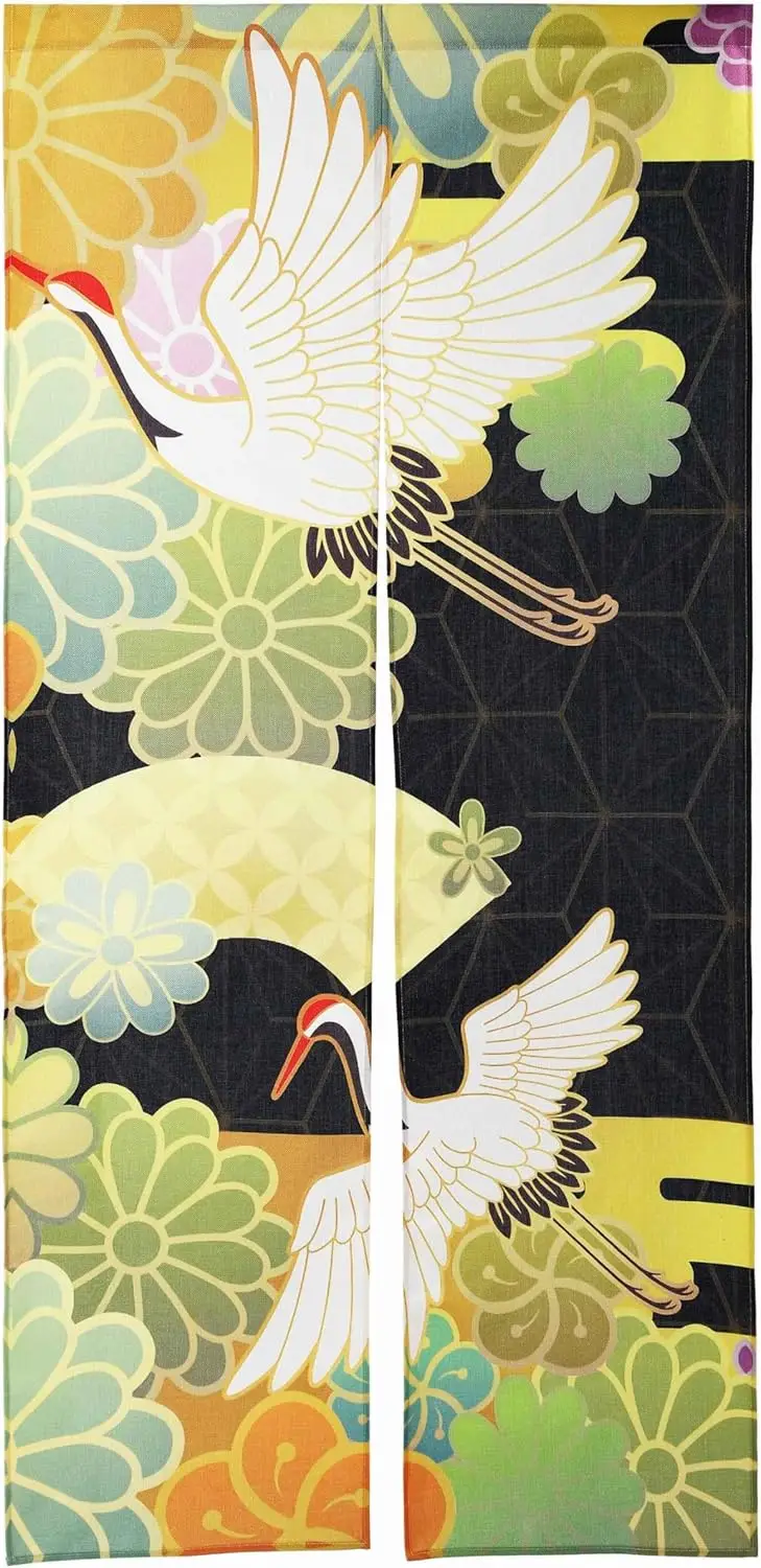 Noren Japanese Style Doorway Curtain with a Picture of Japanese Pattern Crane Tsuru Printed on it (pattern1)