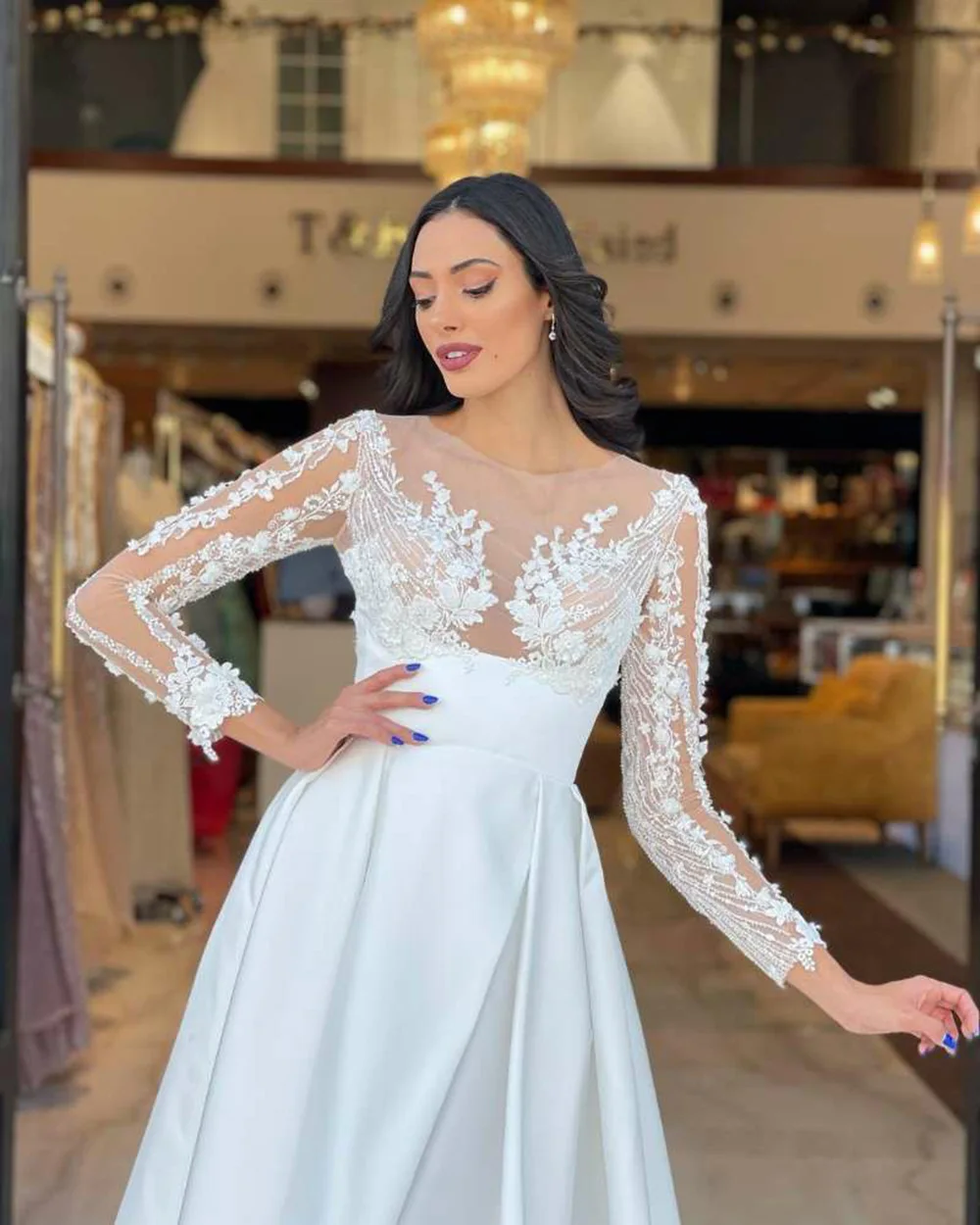 SoDigne Boho Princess Wedding Dresses Long Sleeves Satin Bride Dresses Lace Top Sexy Side Split Wedding Gowns 2024