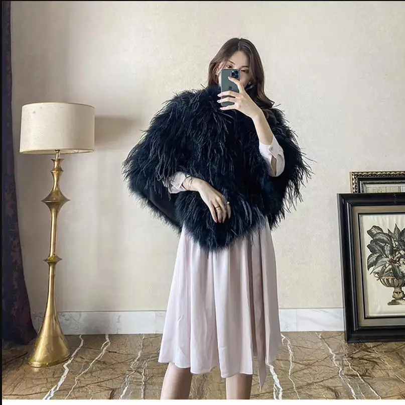 Real ostrich leather fur cape elegant collar poncho autumn winter women black fluffy Pullover Shawl
