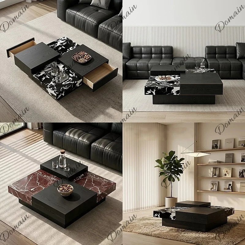 Luxury Italian Square Marble Coffee Table with Drawer Storage, High-End Center Table for Living Room