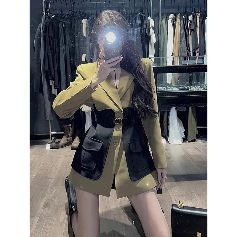 Spring Autumn New Ladies Advanced Sense Contrast Color Stitching Suit Jacket Temperament Waist Slim Fashion Suit pocket Jacket