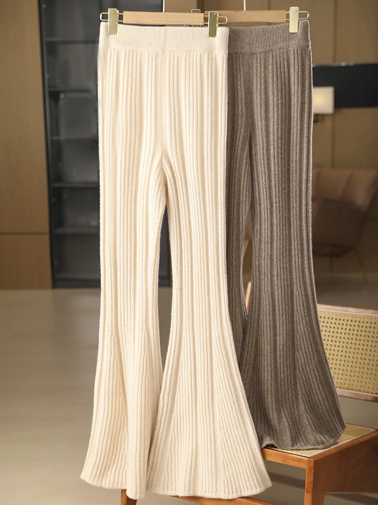 Women Wool Flare Pants Elastic Waist Autumn Winter 100% Merino Wool Knitwear Soft Cashmere Trousers Solid Popular Vintage Pants