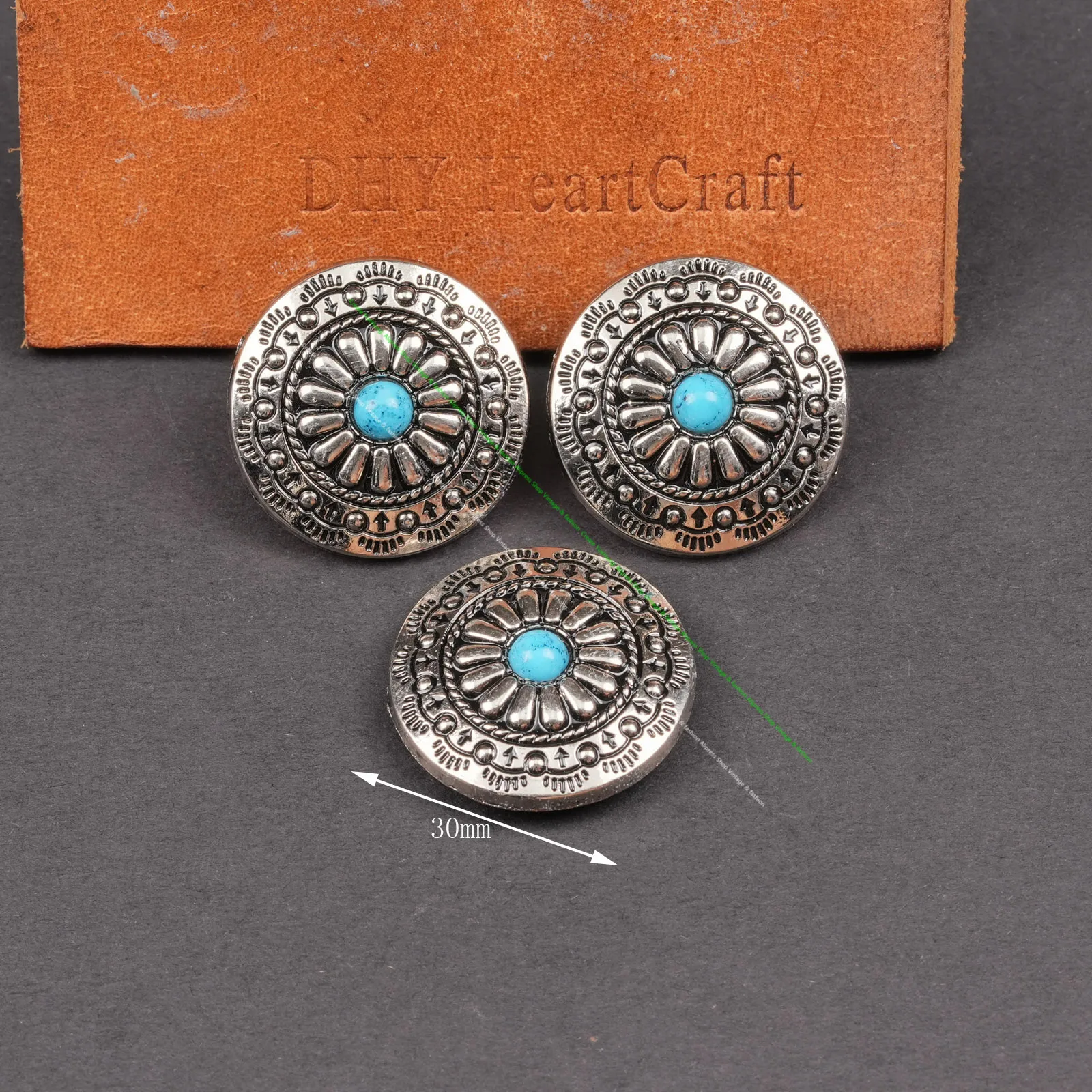 10Set 30mm Western Antique Silver Sunflower Turquoise Conchos for Leather Rivets for Belts Saddles DIY Leathercraft Accessories