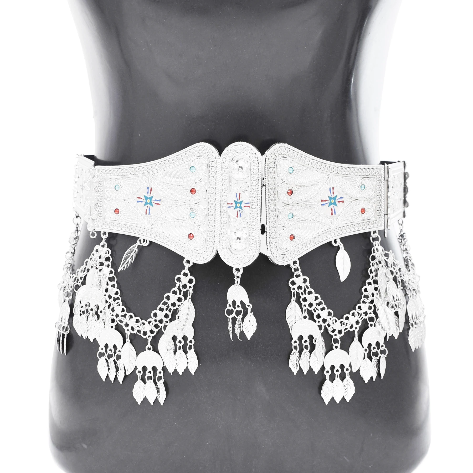 Silver Plated Assyrian Belt Hair Accessories Earrings for Women Kurdish Assyria Ethnic Colorful Flag Leaf Tassel Jewelry Sets