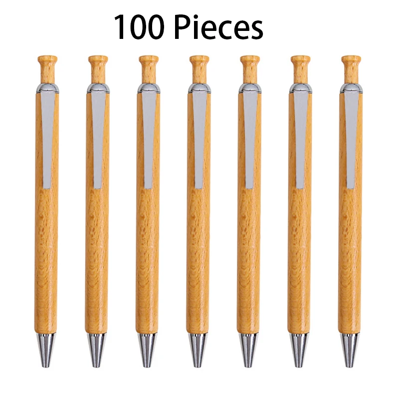 100 Pcs Bamboo Wood Ballpoint Pen With Metal Clip-Classic Type Wood Ball Pen