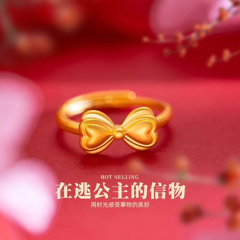 

9999 Real Gold 24K Niche Design Gold Bow Ring, Sweet Japanese Princess on The Run Bow Ring