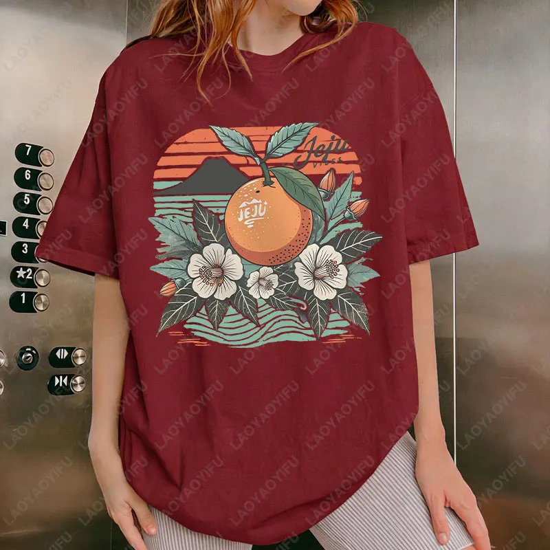 제주 섬 한국 Kdrama 코튼 탑 패션 선물 Kpop 황황 과일 의류 남성 여성 다목적 여행 티 Loungewear Tshirt