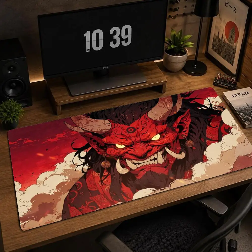Desk Mat XXL Japanese Red Oni Demon Horn Mask Red Sky Cloud Mousepad Non‑Slip Rubber Overlock Mats Gamer Computer Mouse Mats