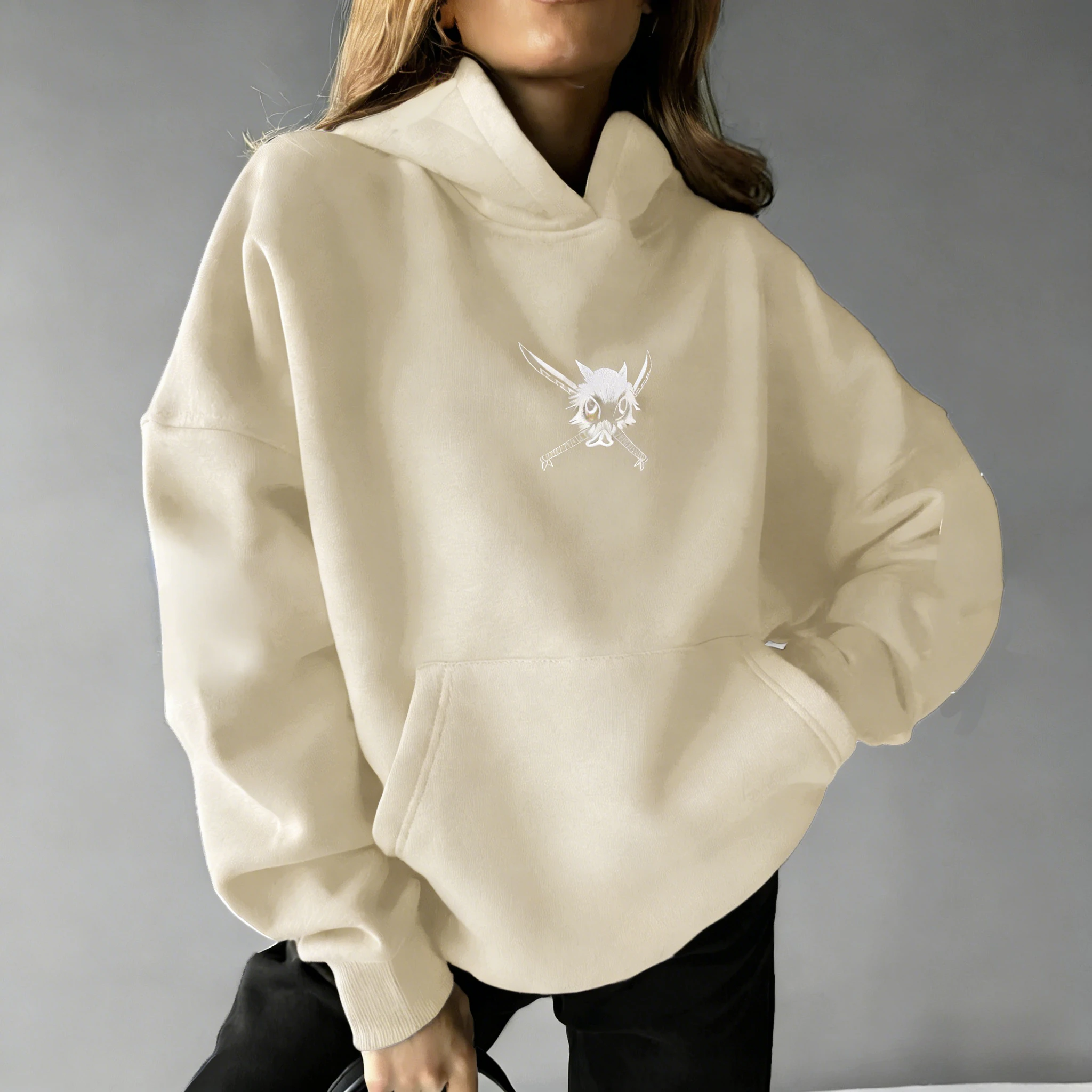 Demon Slayer Anime katoenen hoodie blauwe kleur karakterprint met Inosuke Hashibira zwijnmaskerpatroon en paarse bliksem