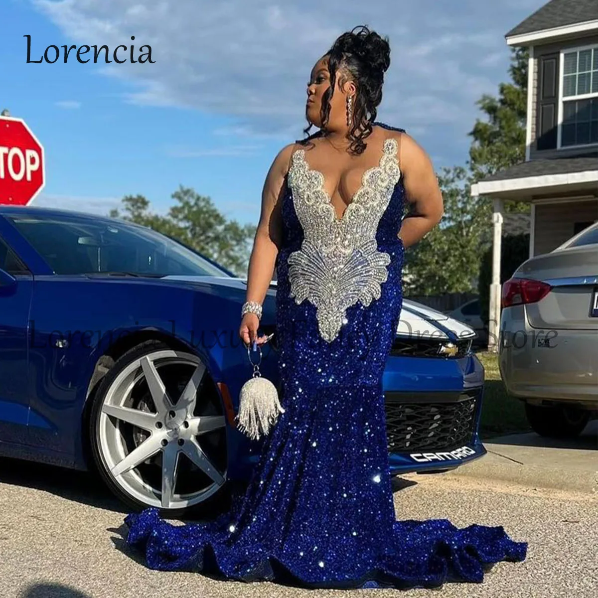 Sparkly Crystal Royal Blue Mermaid Prom Dresses For Black Girls Beads Diamonds Sequins Party Gown Plus Size vestidos de gala