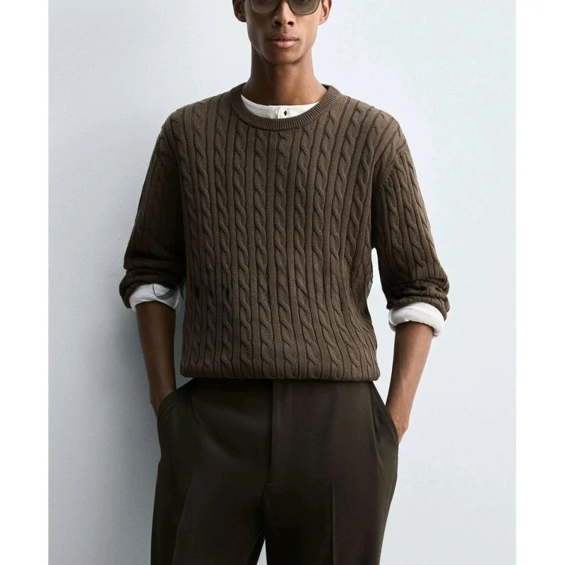 

New Autumn Men's Knitted Long Sve Cotton Blend Straight Leg round Ne Pullover Breathable Comfortable Polyester Fabric