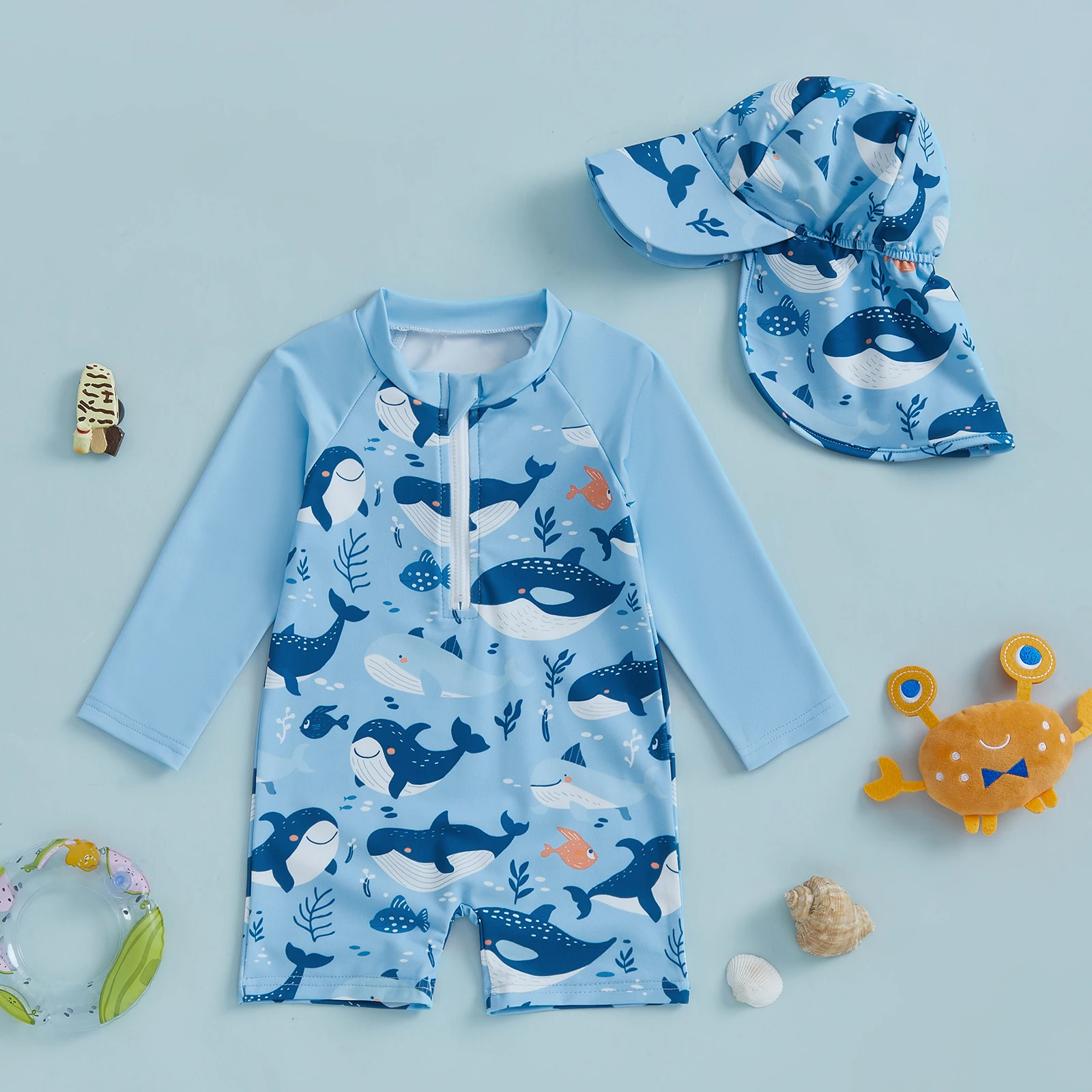 Toddler Boy Rash Guard Swimsuit with Hat 2 Pcs Set Cartoon Whale Pattern Zip Up Long Sleeve Crew Neck Swimwears 3m-3t