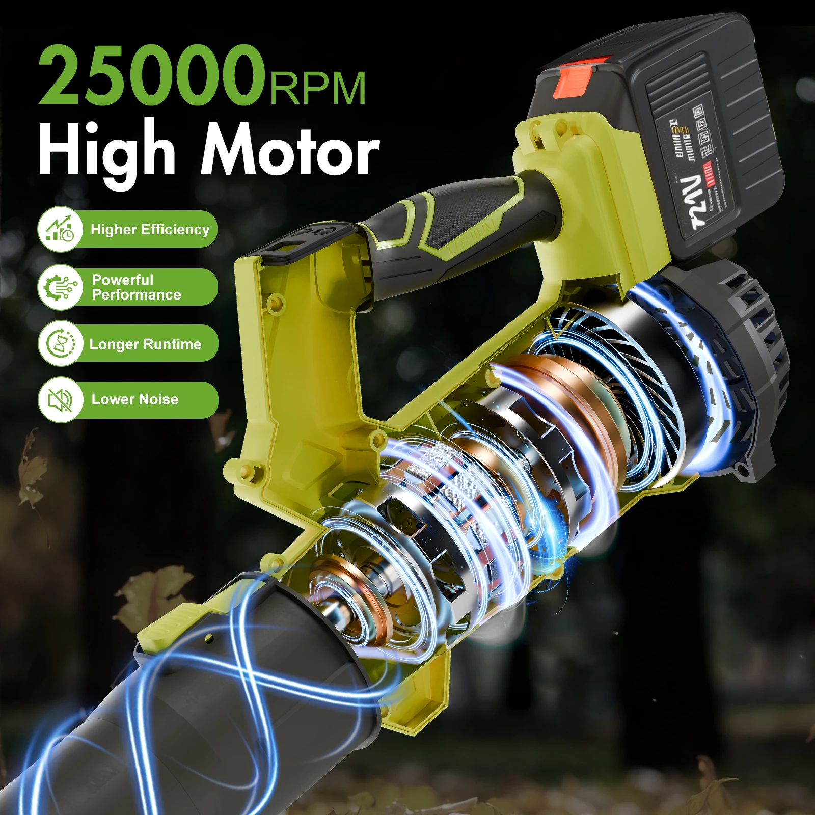 21V Cordless Leaf Blower 650CFM 280MPH Fast Charger 6-Speed LCD Display with 2x6.0Ah Batteries for Patios Driveways Snow