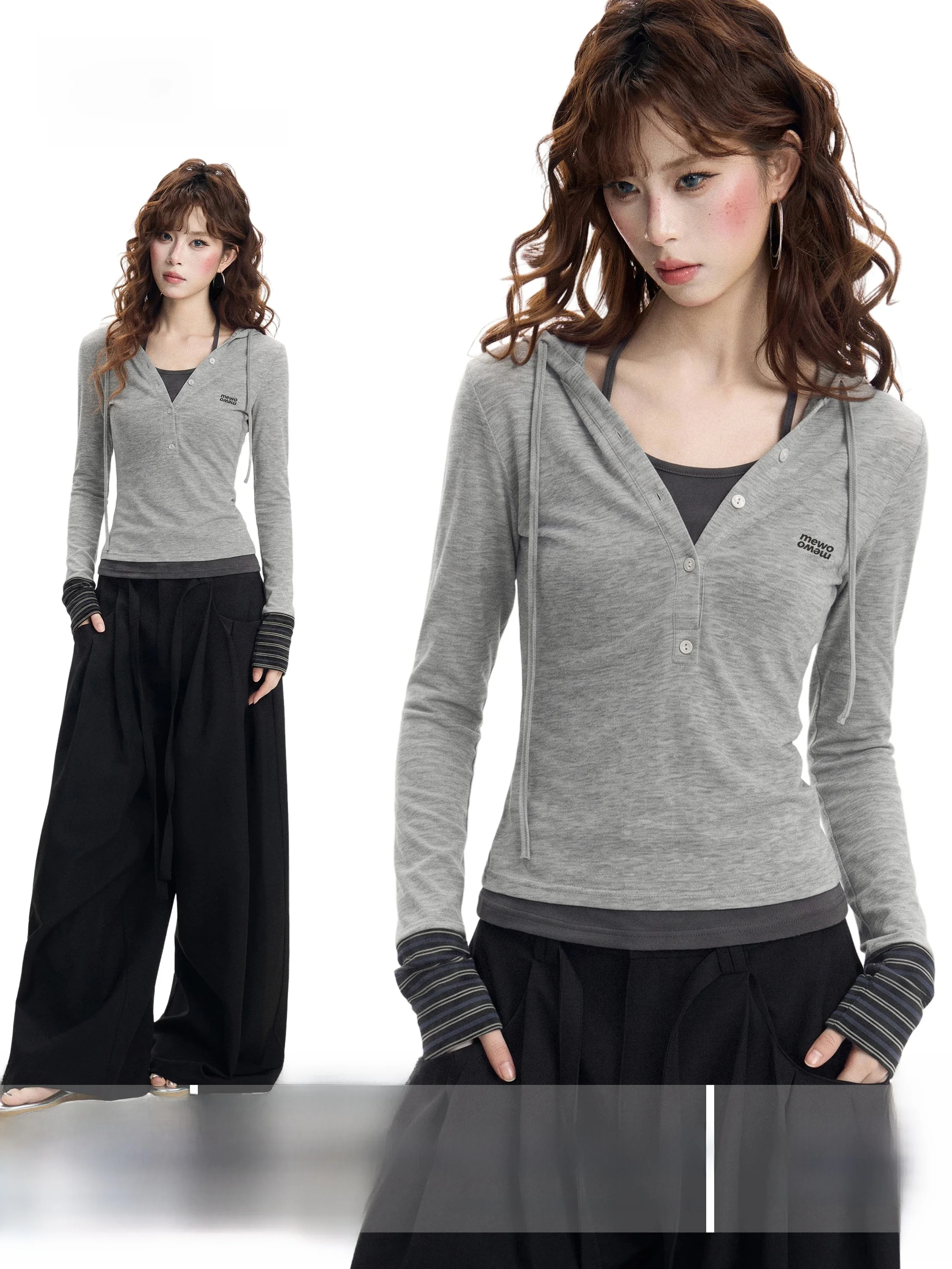 Gray Striped Hooded Long Sleeve V-Neck T-Shirt Women's Autumn Design Slim Fit Inner Short Top Fake Two-Piece Ensemble