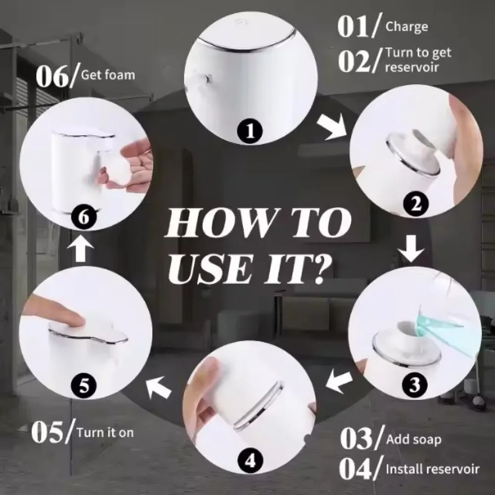 เครื่องจ่ายสบู่โฟมอัตโนมัติสีขาว 300 มล. แบบอินฟราเรดอัจฉริยะ สำหรับห้องครัวและห้องน้ำ