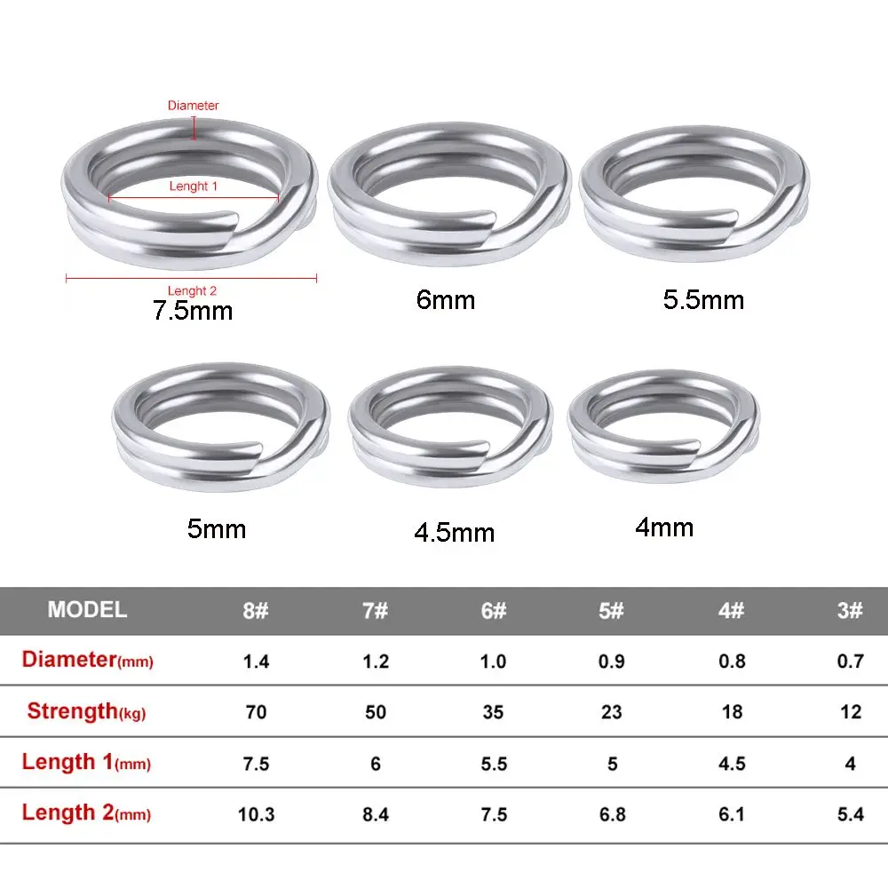 الفولاذ المقاوم للصدأ سبليت خواتم ل كرنك ، الطعم الثابت ، حلقة مزدوجة ، أداة الكارب ، اكسسوارات الصيد ، 3 #-8 # ، 100 قطعة