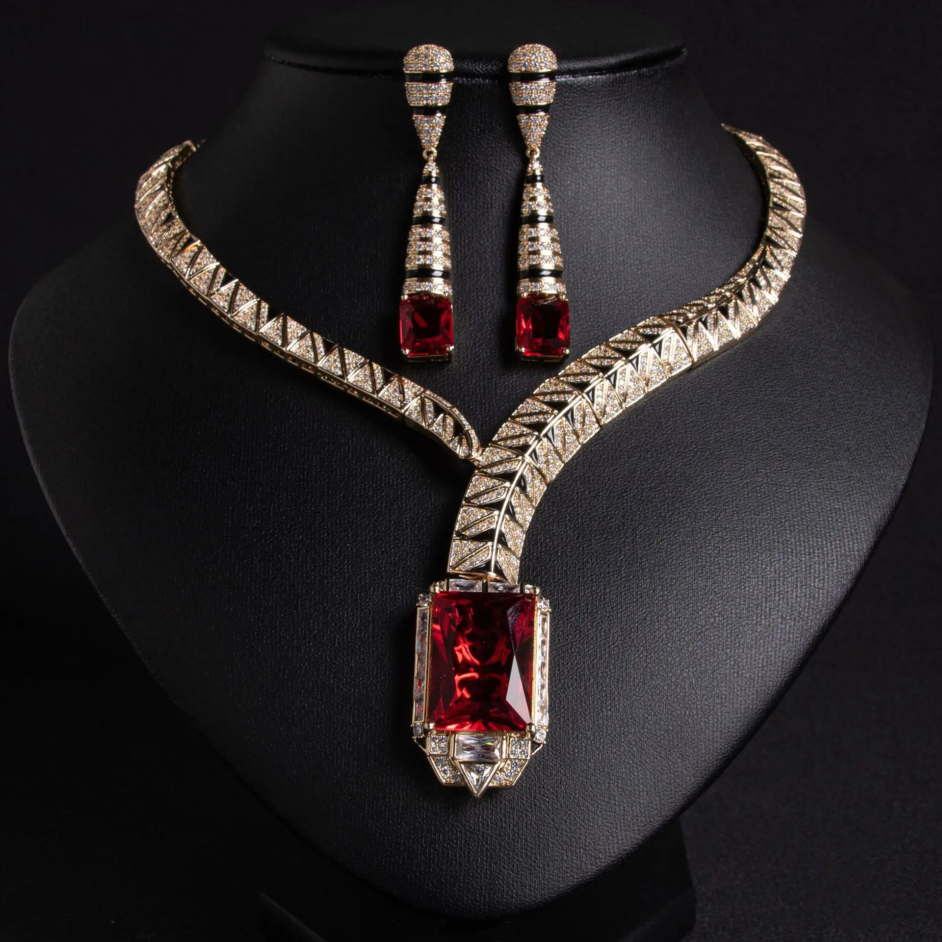 Red Green White Pink Zircon Jewelry Set Chocker Necklace Earrings - Party Wedding Accessory
