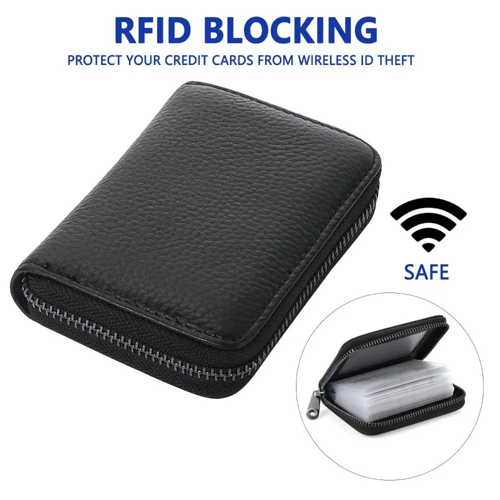 Dompet Kulit Asli Anti-RFID dengan Ritsleting, Tempat Kartu Kredit
