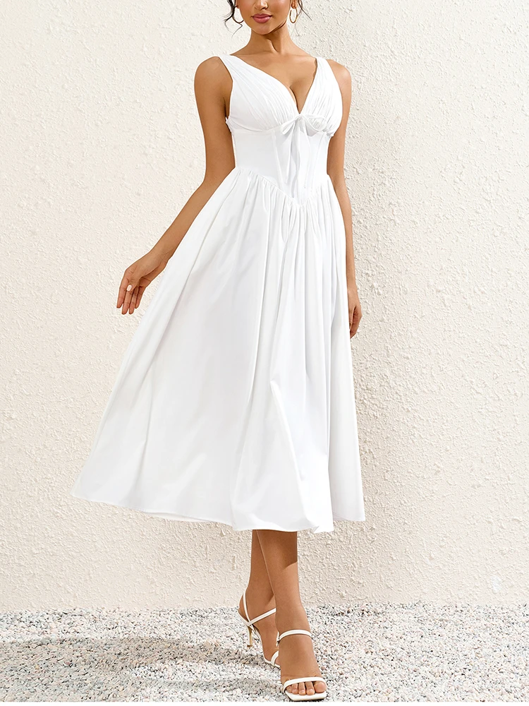 NewAsia Summer Dress with Boning Women's Sleeveless V-Neck Backless Pleated Long Dresses Slim-Fit Trendy Beach Vacation Vestidos