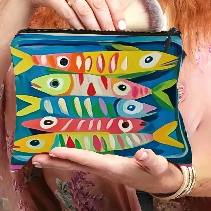 Sardines Retro Fish Print Cosmetic Bag -Large Capacity Lightweight Travel Makeup Organizer Vibrant Orange Blue Cosmetic Bag