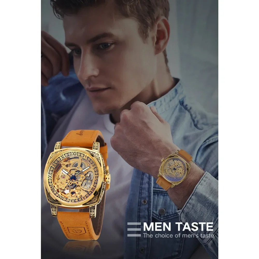 

Transparent Gloden Men's Automatic Mechanical Luminous Waterproof Sport Watch Casual Genuine Leather Strap Self Wind Wristwatch