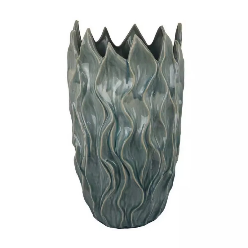 

Handmade engraved pottery green abstract wave vase