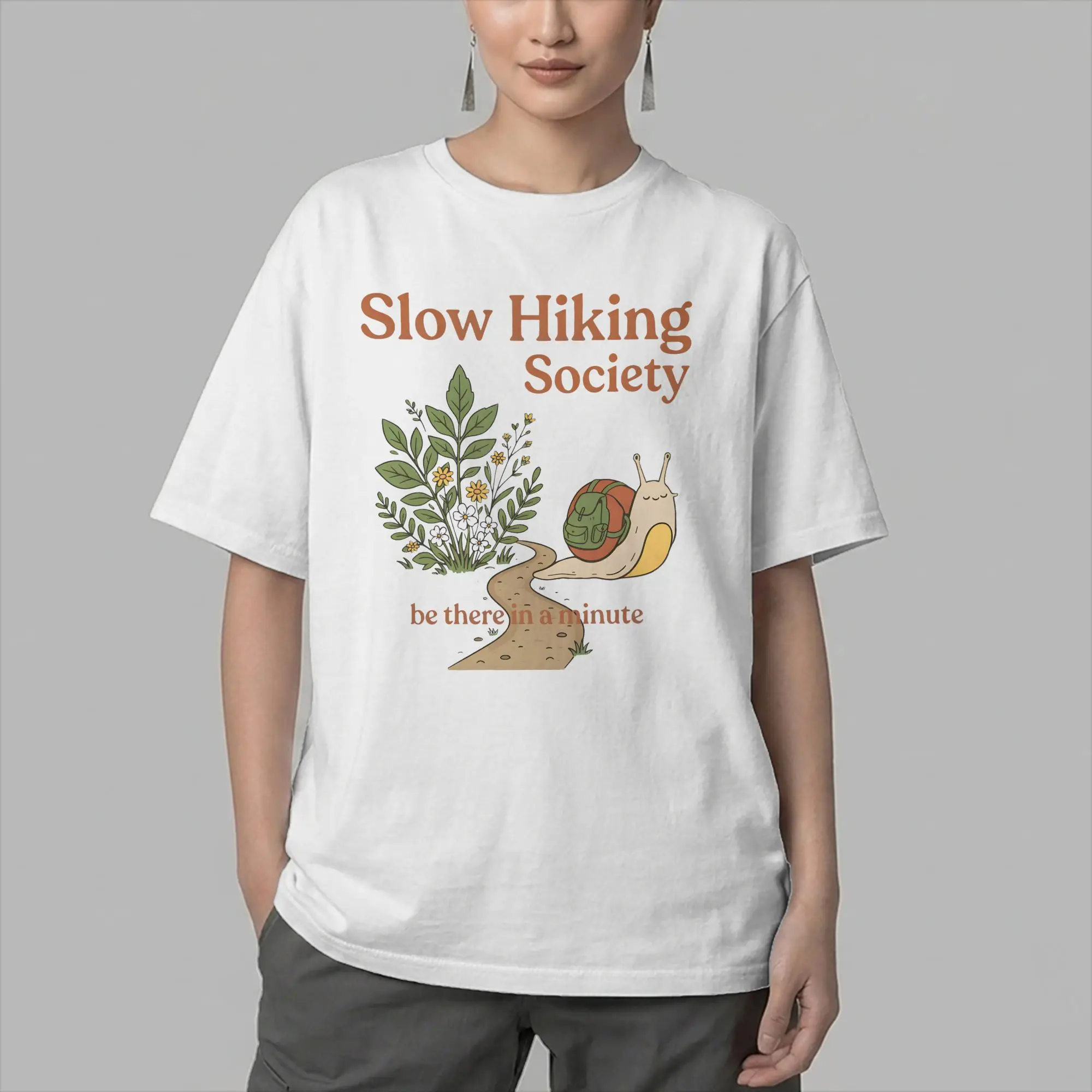 Slow Hiking Society Snail Backpack Nature Men's T Shirt  Novelty Tees Short Sleeve Round Collar T-Shirt Cotton Gift Idea Tops