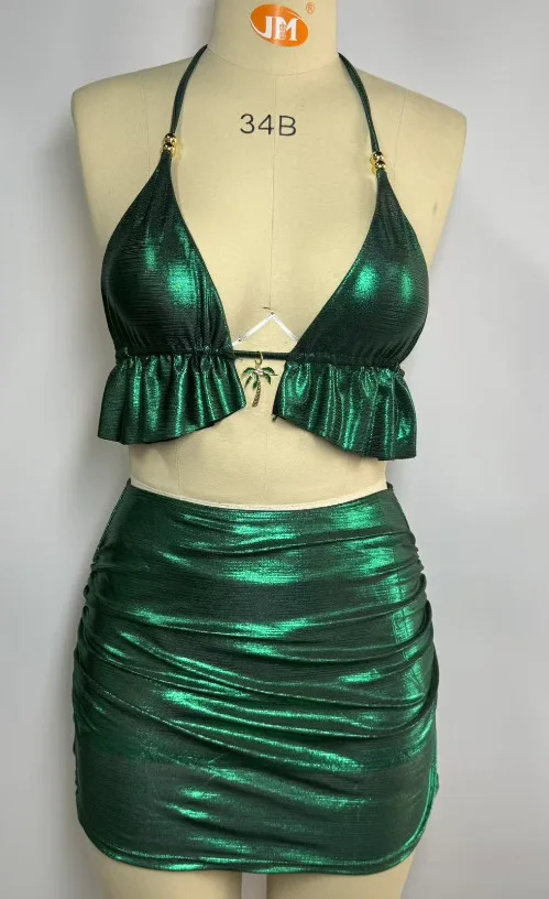 2026 Women Metallic Green 3 Piece Bikini Set Halter Ruffle Top Mini Skirt Cover Up Palm Pendant Summer Beach Vacation Swimsuit - view 5