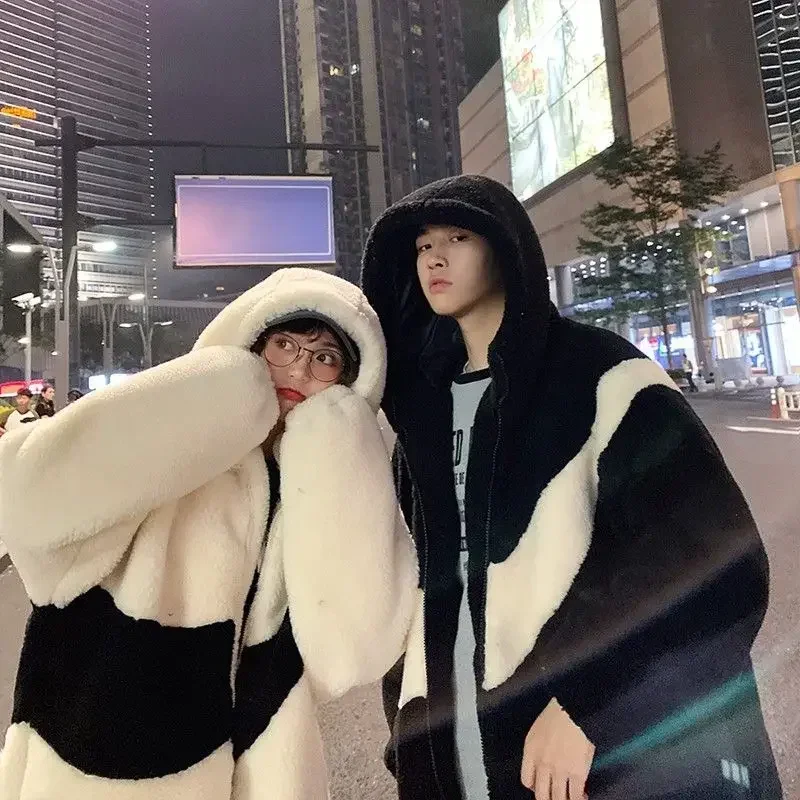 New Harajuku Hoodie Men's Plush Thick Cotton Jacket 2024 Winter Korean New Fashion Preppy Style Couple Patchwork Oversized Coats