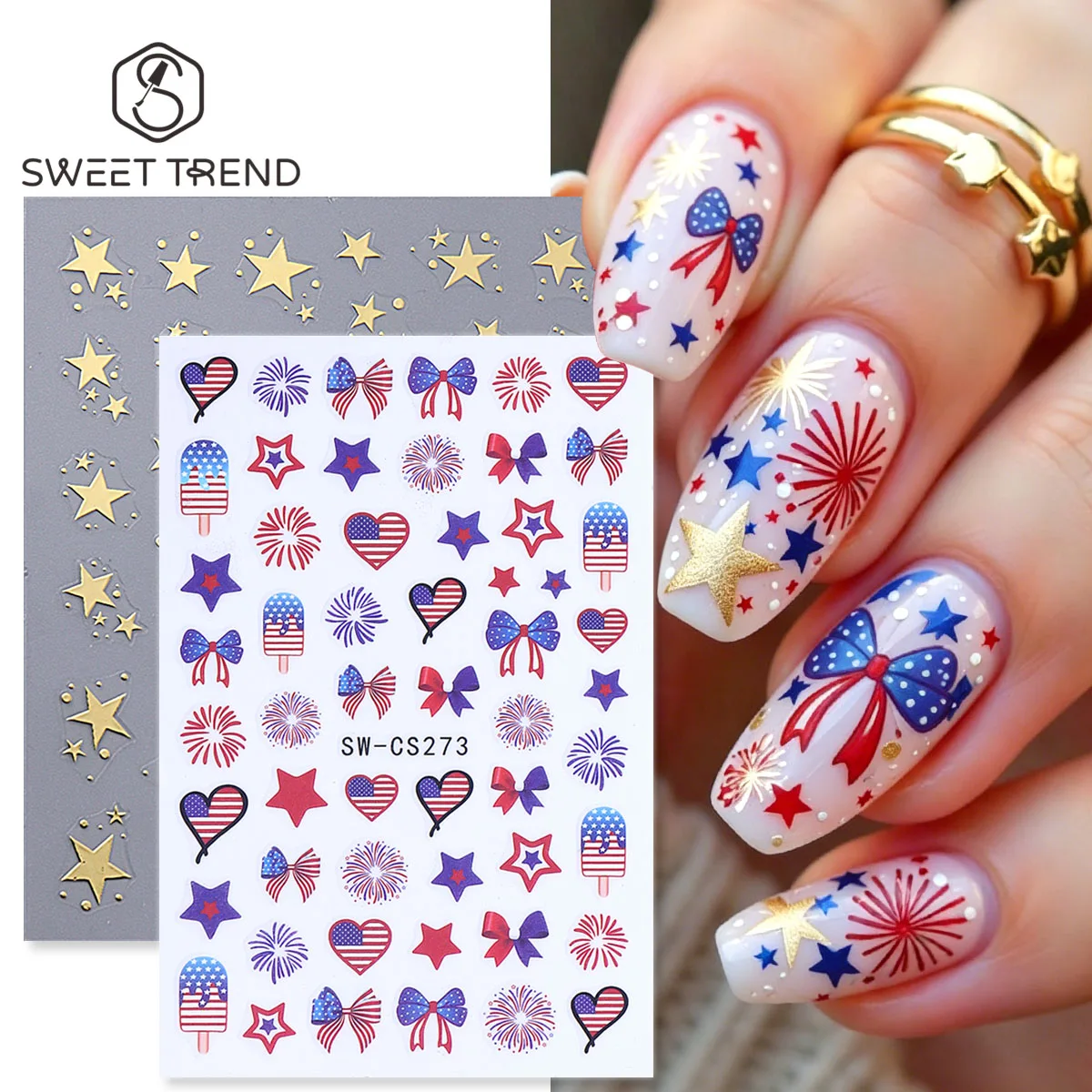 2pcs American Independence Day Style Nail Stickers Metal Gold Star Fireworks Heart Flag Patriotic Theme Decals Manicure Sliders