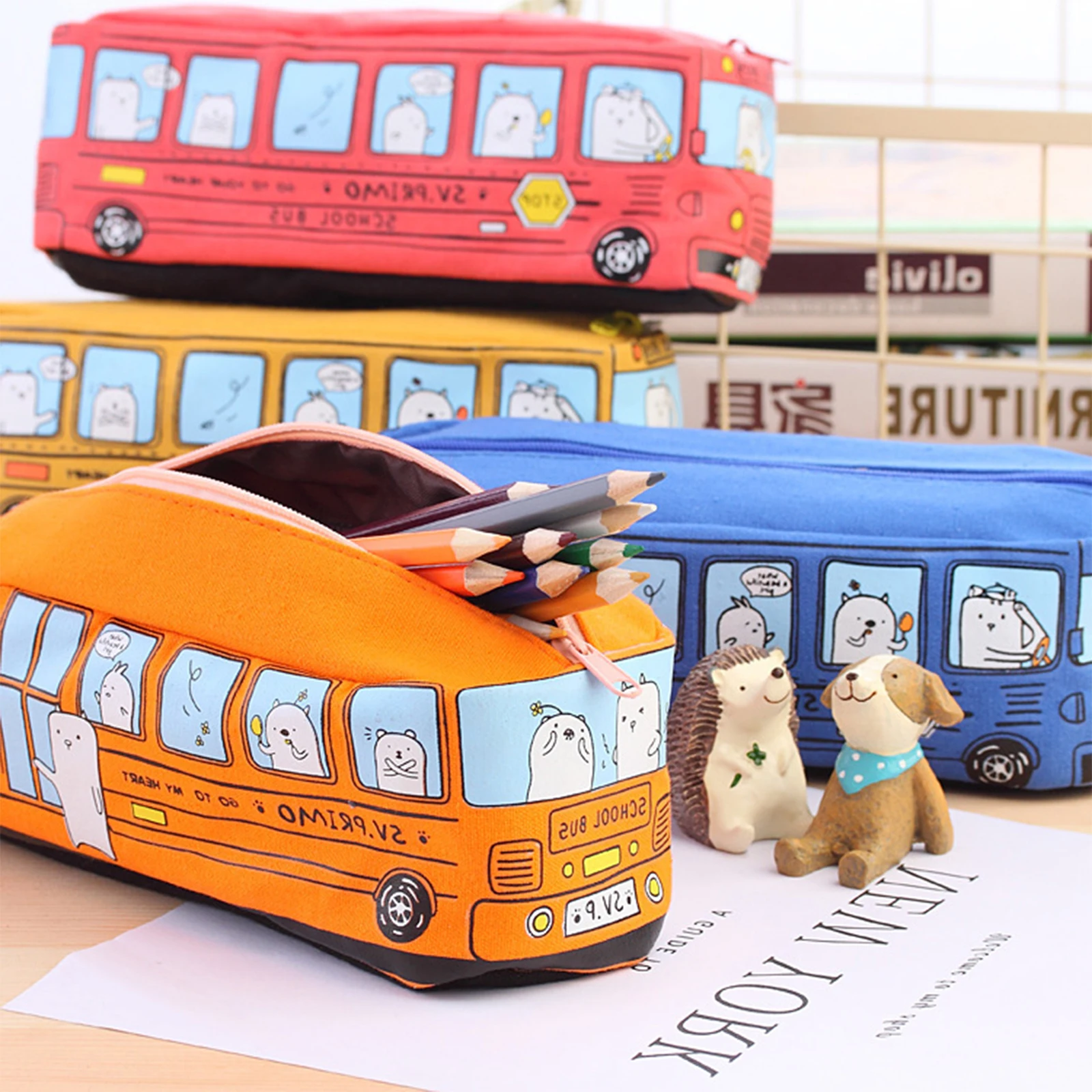 Cartoon Bus Car Pencil Case Large Capacity Canvas Pen Pencil Zipper Bag Student Office Stationery Storage Bag Girls Boys Gift