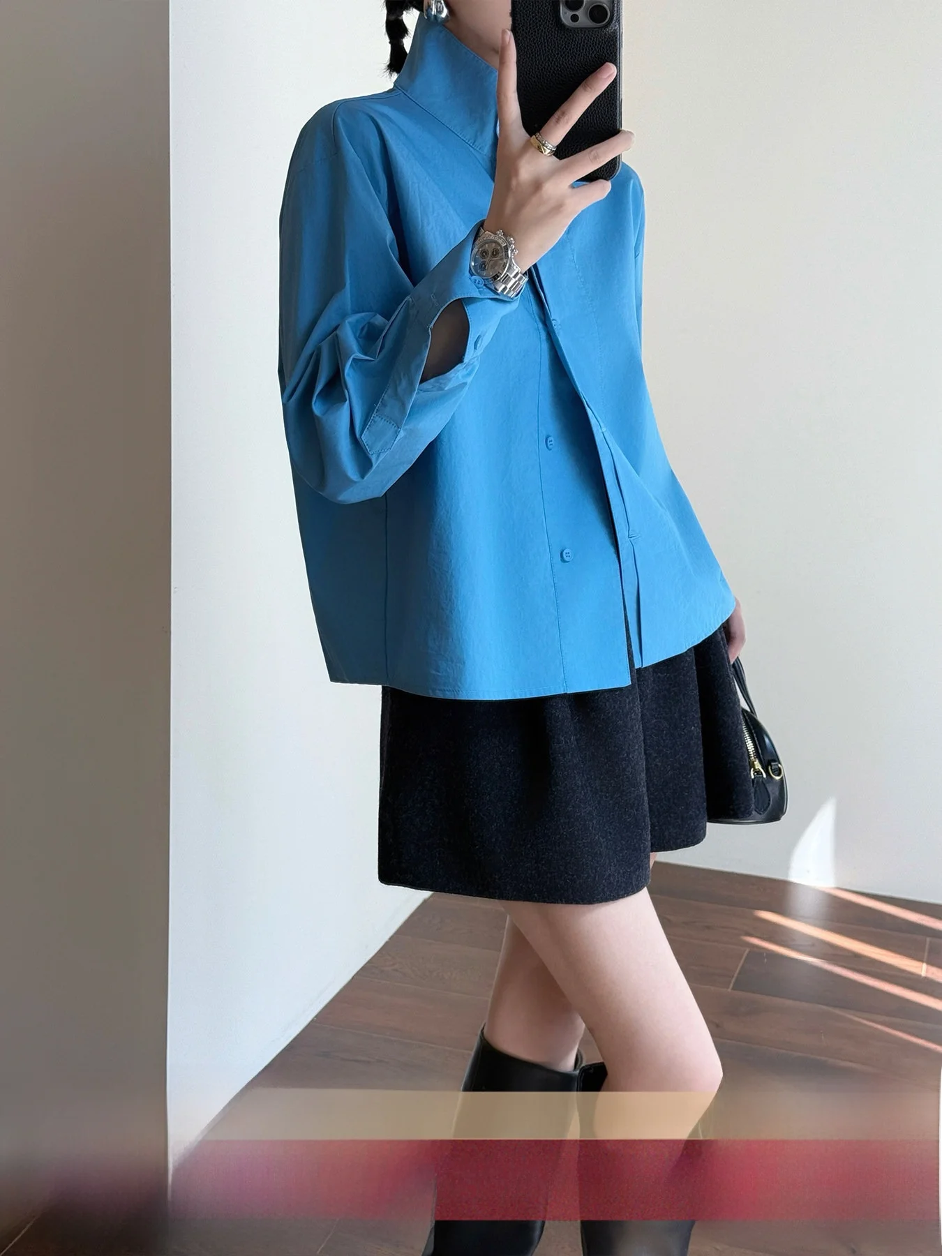 

TasyaVan White Blue Loose Simple Design Stand Collar irt French Sle Breathable Pure Cotton Long Sve for Young Women