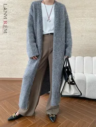 [LANMREM] Thick Warm Knit Cardigan Coats For Women Office Lady Long Outwear Minimalism Female Clothing 2024 Winter New 26C847