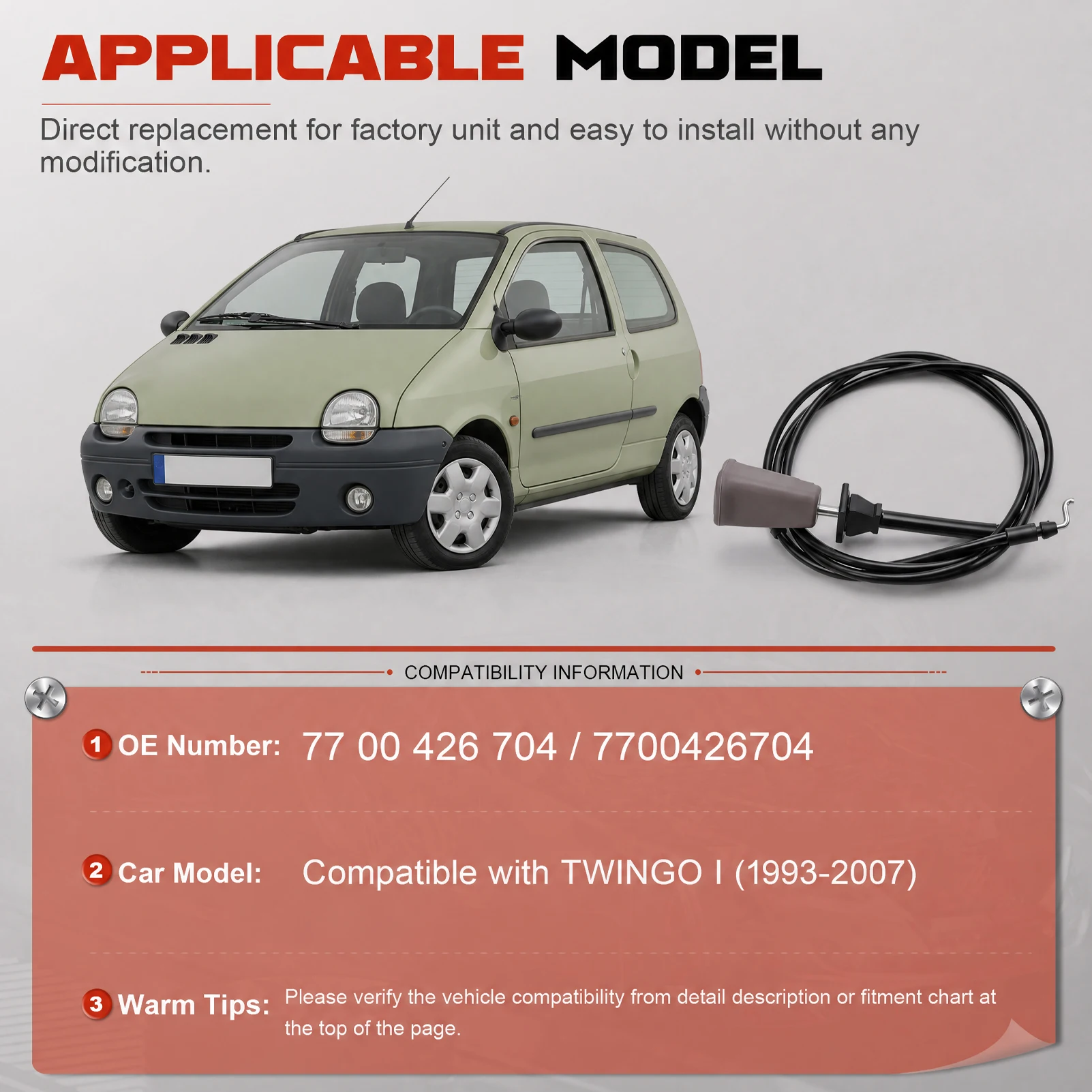 Front Bonnet Cable Bonnet Opener Cable 77 00 426 704 For Renault Twingo I 1998 1999 2000 2001 2002 7700426704