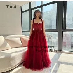 Tarot Red Spaghetti Straps Prom Dresses Tulle A Line Elegant Evening Dress For Women Floor Length Saudi Arabia فساتين سهرة