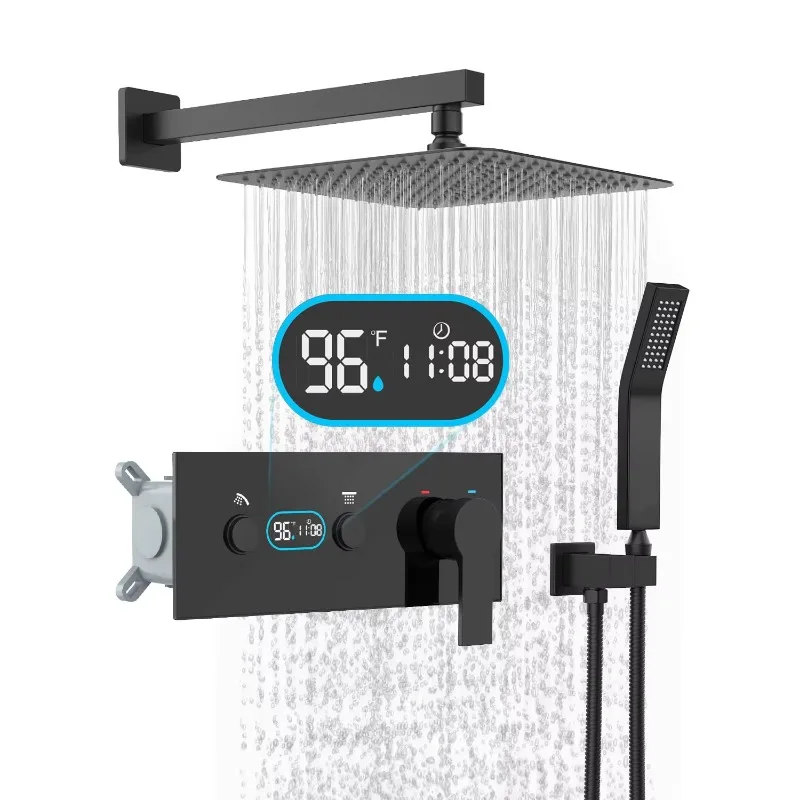 

10 Matte Black High Pressure Shower Head Thermostatic Luxury Rain Shower Faucet Light Emitting Diode Digital Shower System