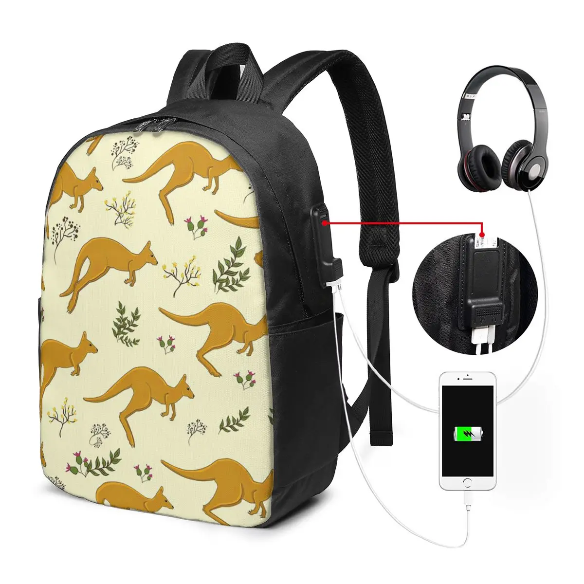 Kangaroos And Floral Pattern Backpack Travel Notebook Bag Computer College Student School Bag Laptop Shoulder Bags for Men Women