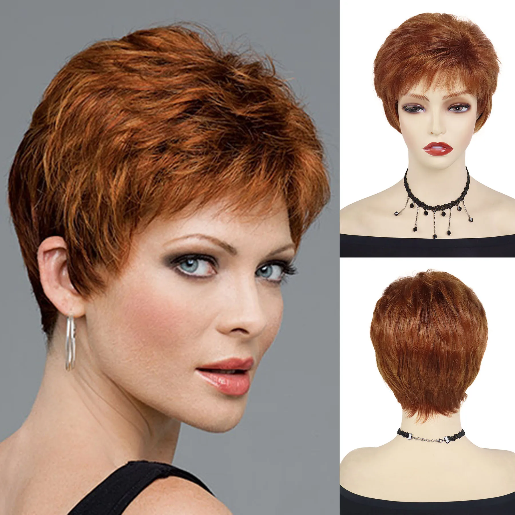 

Короткий синтетический парик пикси красно-коричневого цвета для женщин с челкой, натуральный вид, мягкий, оранжевый, для повседневного использования и косплея