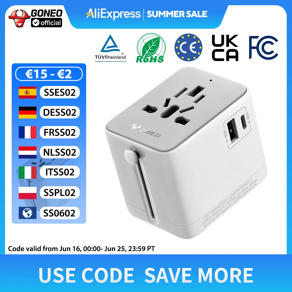 GONEO Универсальный дорожный адаптер с автоматическим восстановлением предохранителя PD USB‑C Международный штекерный адаптер для ЕС, Великобритании, Испании, Франции, США, Таиланда, Японии, Ирландии, Австралии