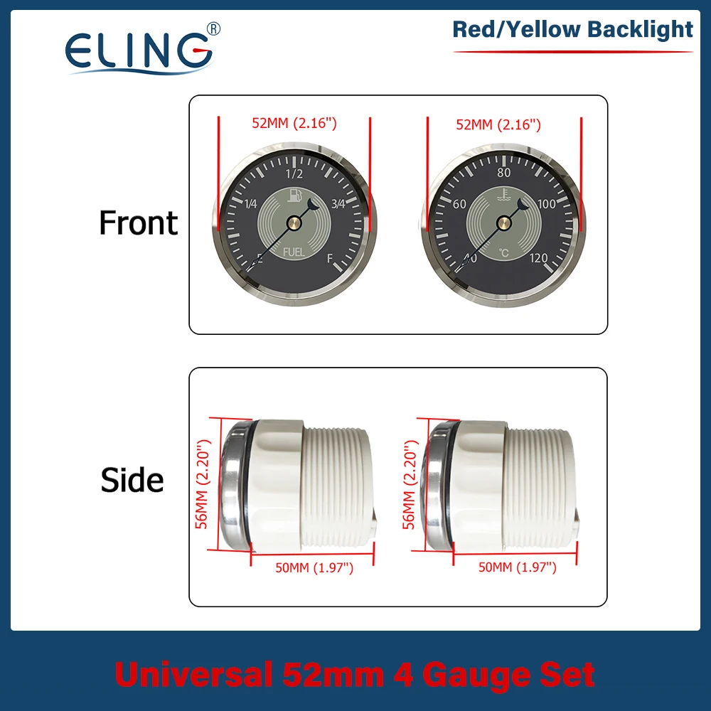 

ELING 4 Gauge Set 52mm (2'') Fuel Level Water Temp Oil Press Voltmeter with Red Yellow Backlight 12V for Car Truck Vessels